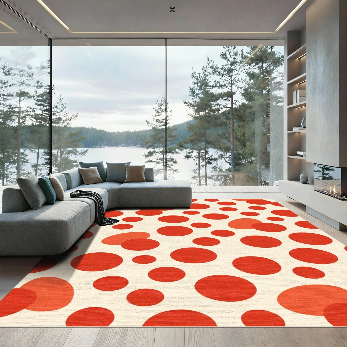 Crimson Circles Scattered Abstract Rug