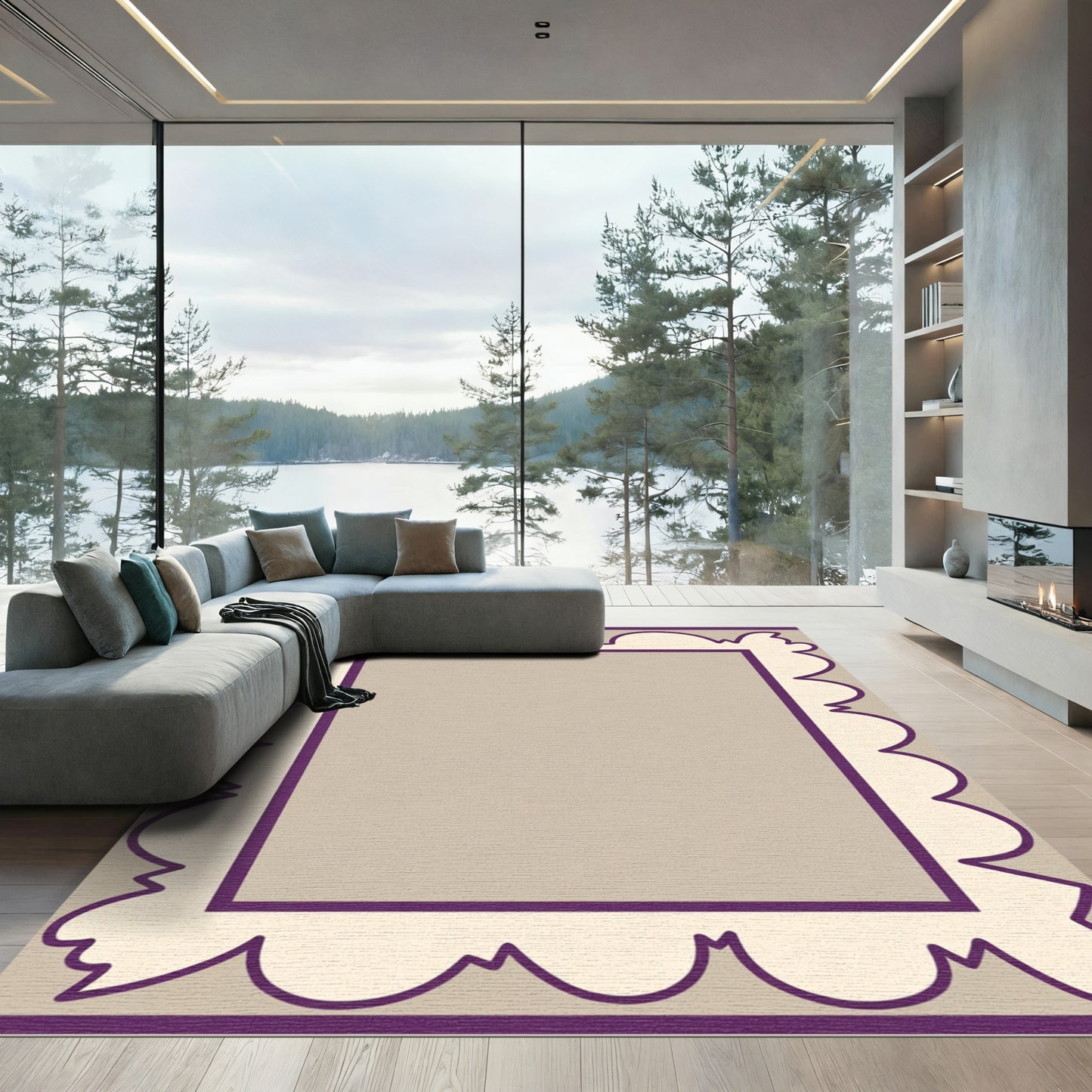 Purple Beige Scalloped Border Rug