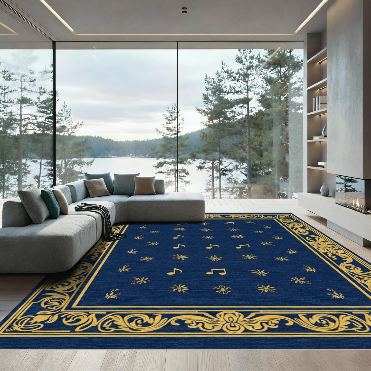 Navy Gold Musical Notes Ornamental Rug