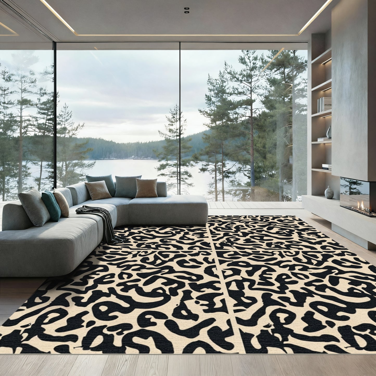 Abstract Black Cream Organic Overlay Rug