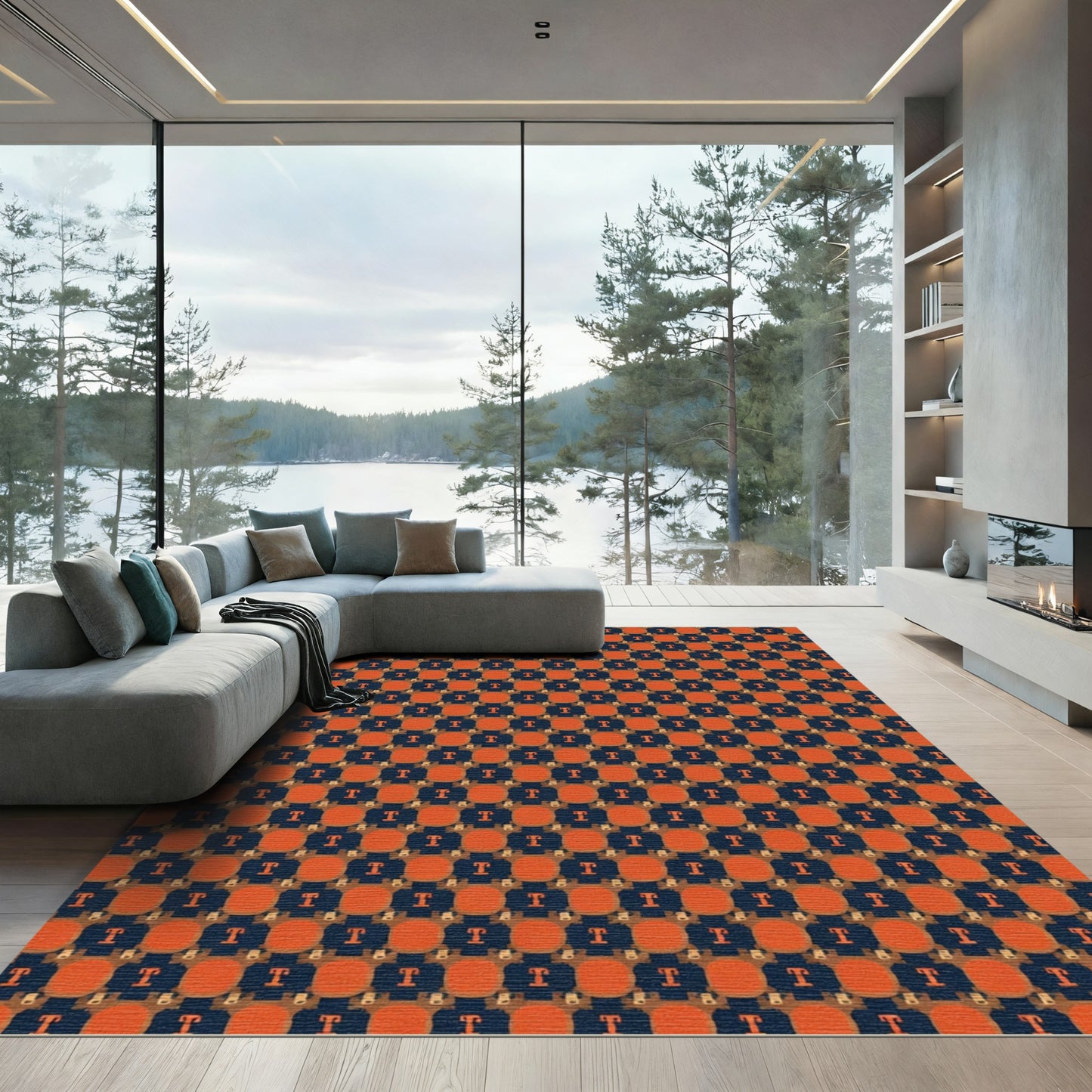 Orange Navy Abstract T Grid Rug