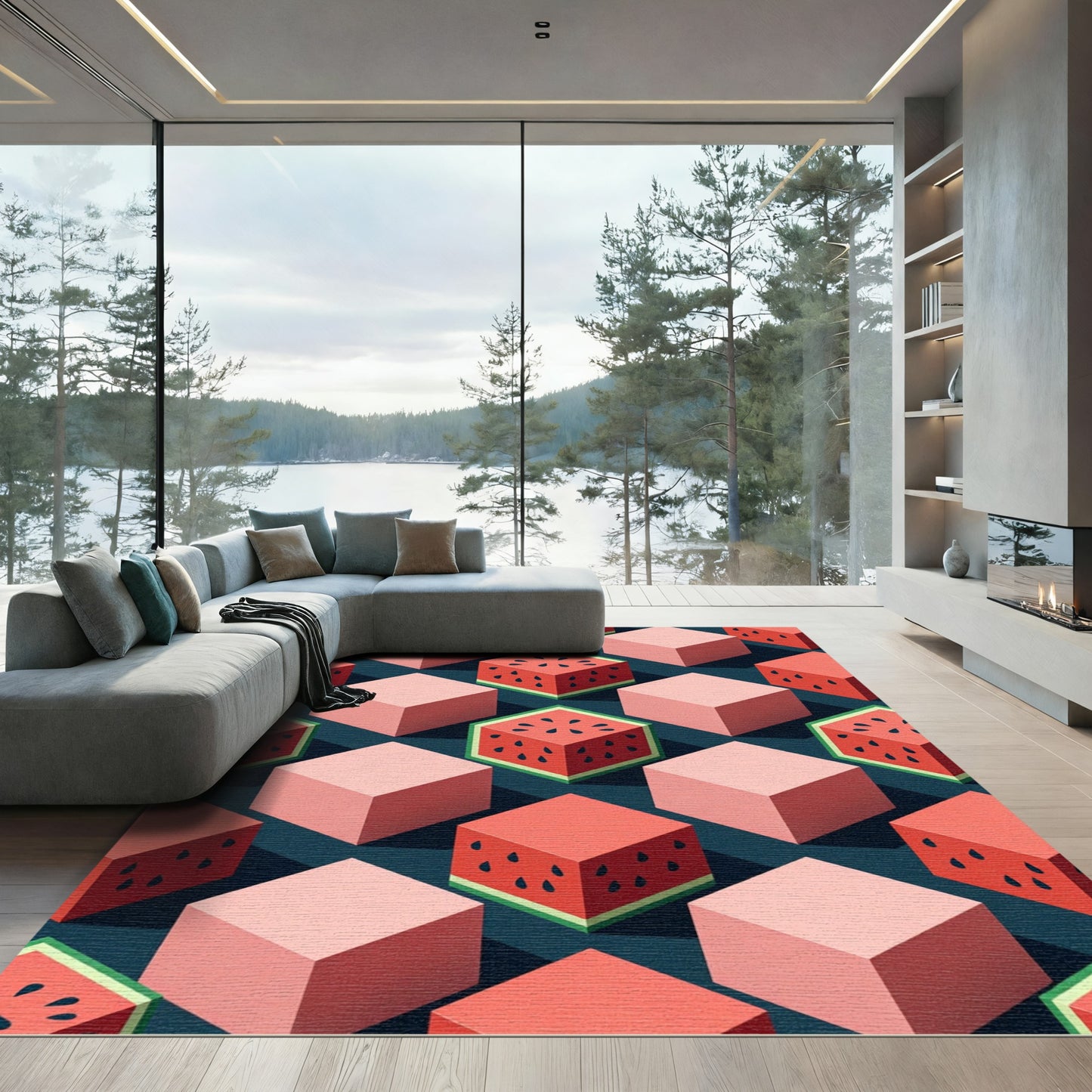 Retro Pink Watermelon Cubes Rug