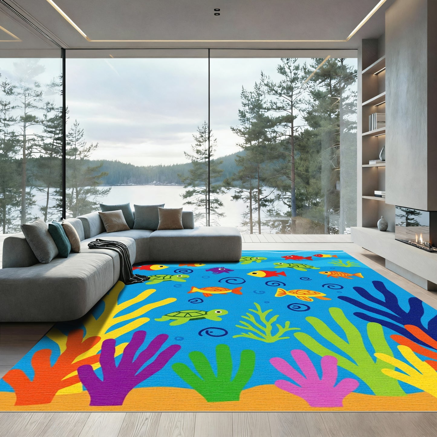 Underwater World Colorful Fish Turtle Scene Rug
