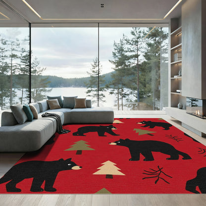 Red Black Bear Forest Whimsical Rug