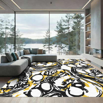 Bold Black Yellow Abstract Swirl Rug