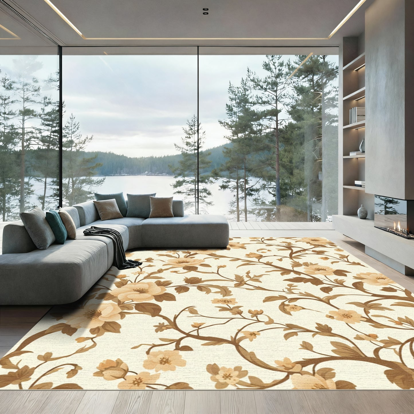 Cream Peaches Brown Floral Branches Rug