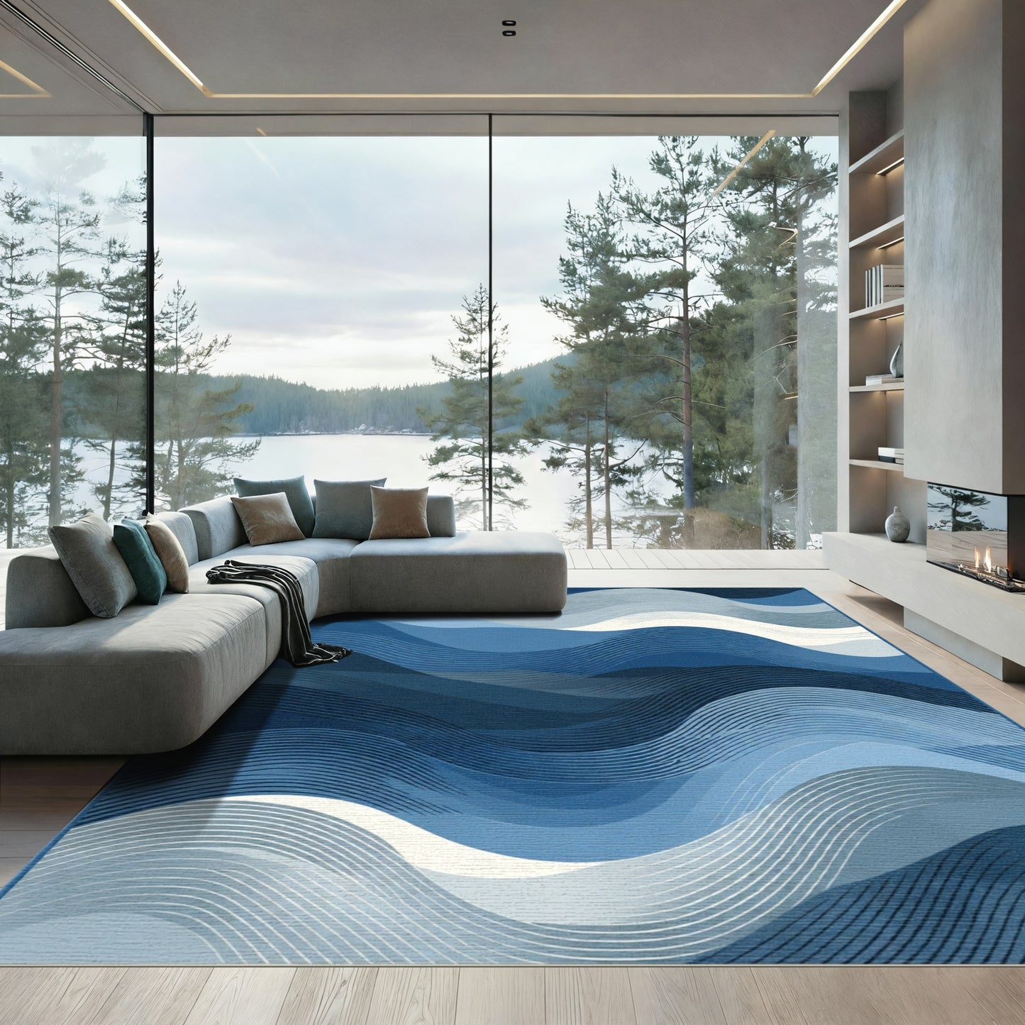 Shades Of Blue Wavy Lines Rug