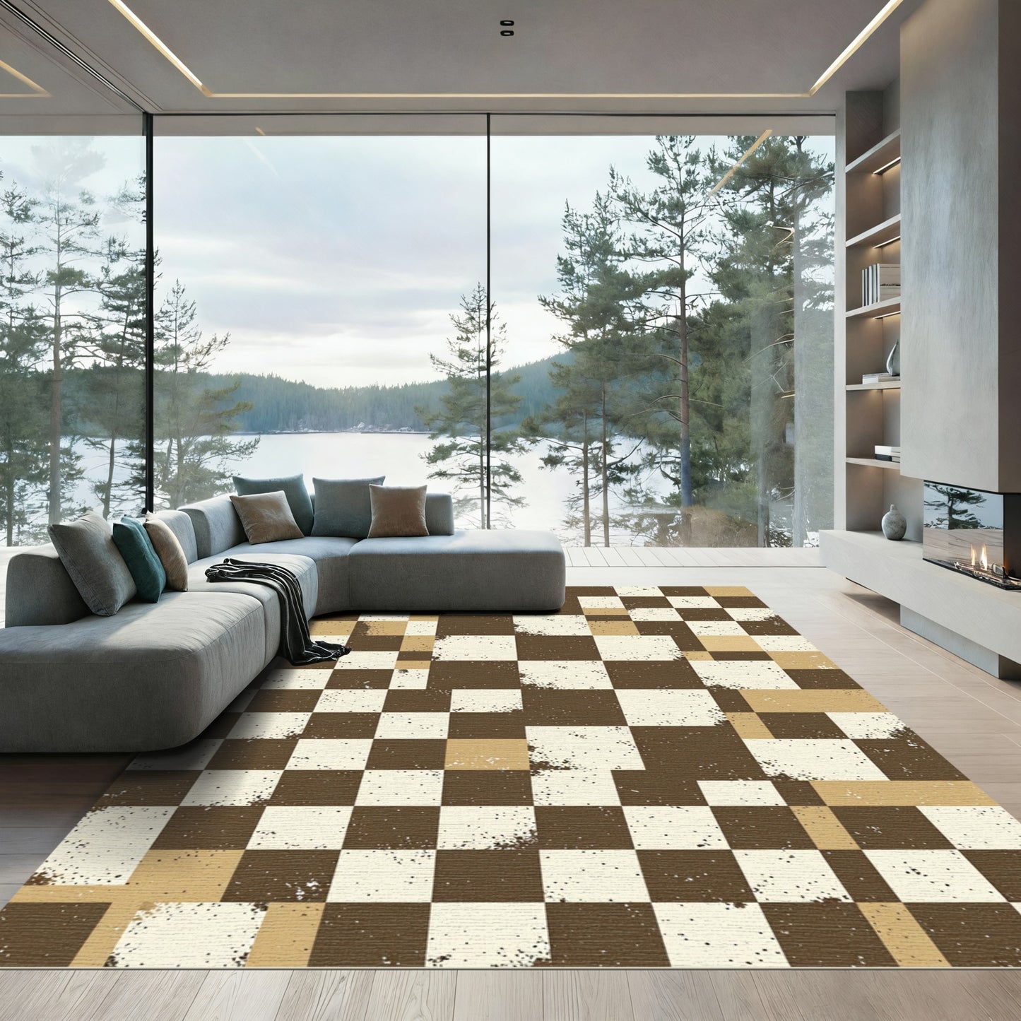 Distressed Brown Checkerboard Grunge squares Rug
