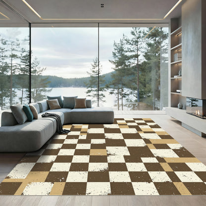 Distressed Brown Checkerboard Grunge squares Rug