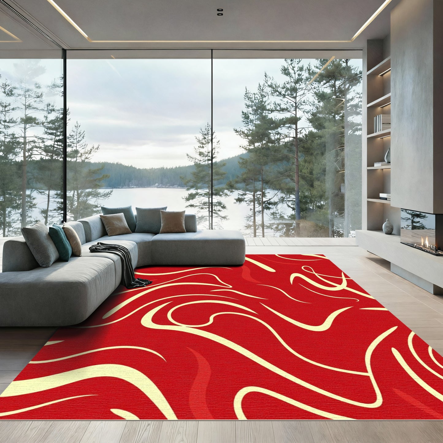 Crimson Swirl Abstract Curving Lines Rug
