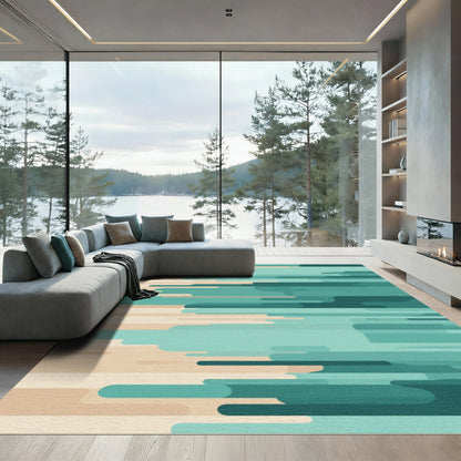 Modern Teal Abstract Layered Stripes Rug