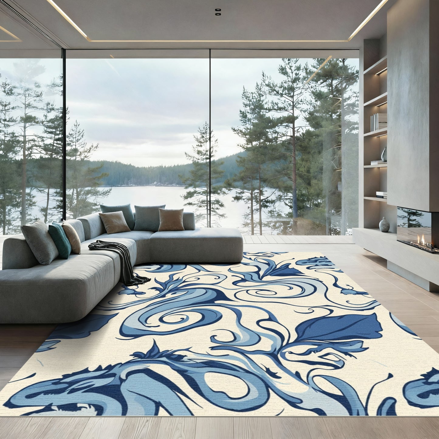 Blue Dragon Swirl Vintage Textile Rug