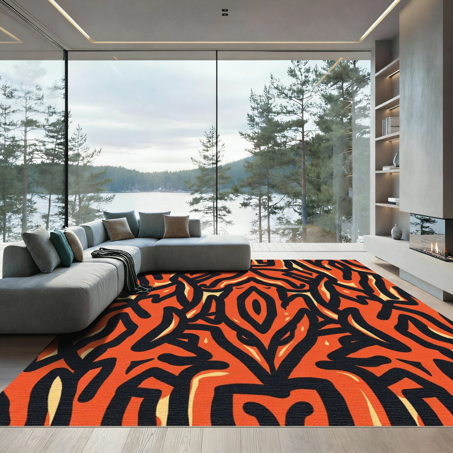 Bold Black Orange Abstract Lines Rug