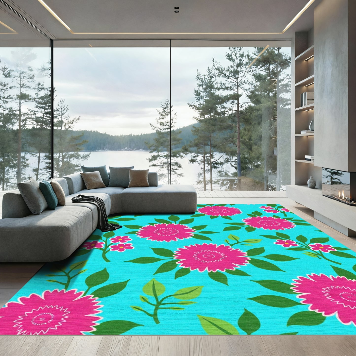 Vibrant Pink Floral Foliage Bright Blue Rug