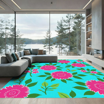 Vibrant Pink Floral Foliage Bright Blue Rug
