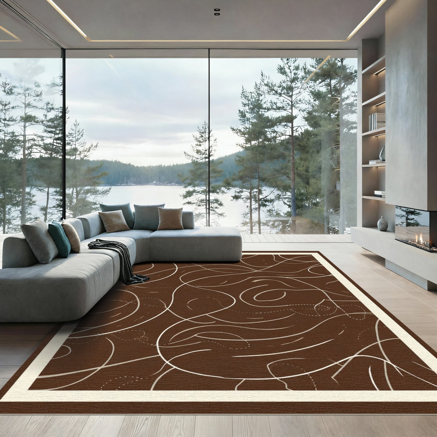 Brown Abstract Swirl Lines Rug