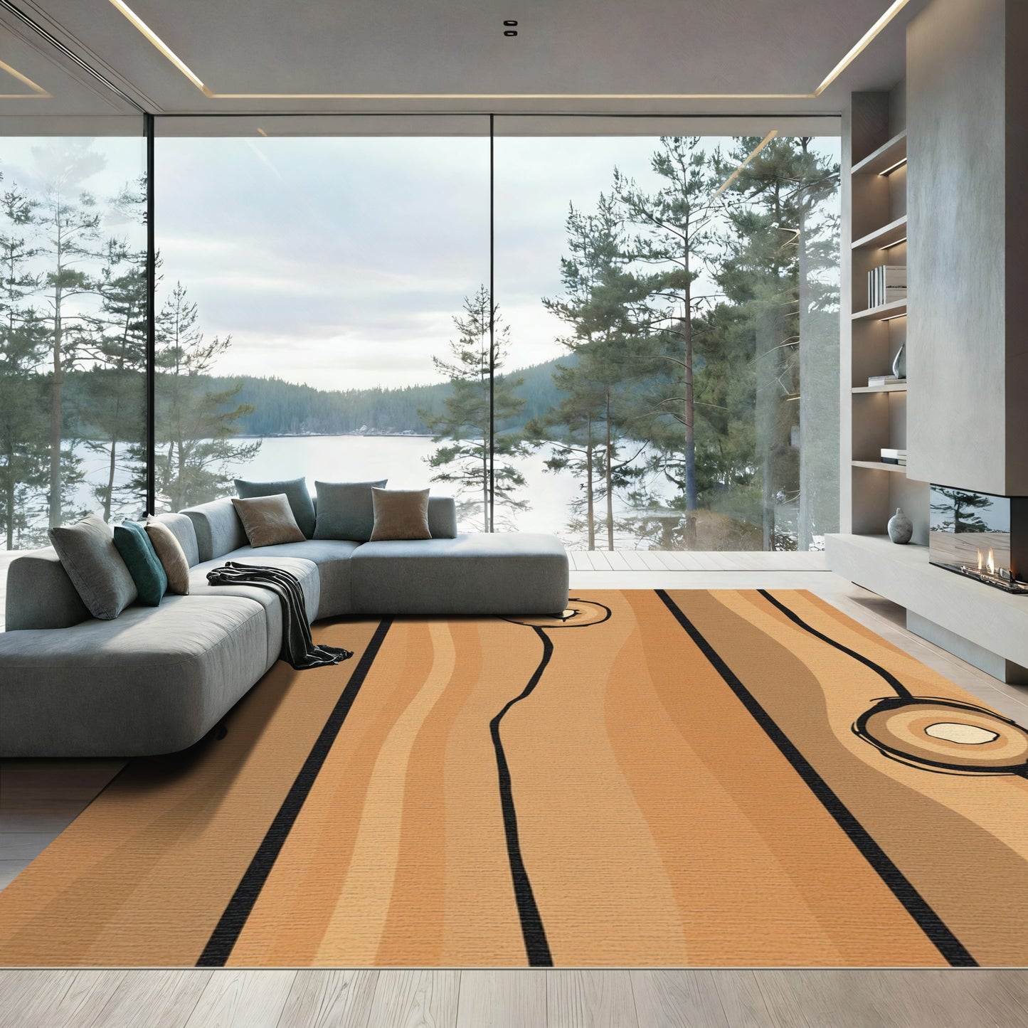 Brown Wood Grain Silhouette Creatures Rug