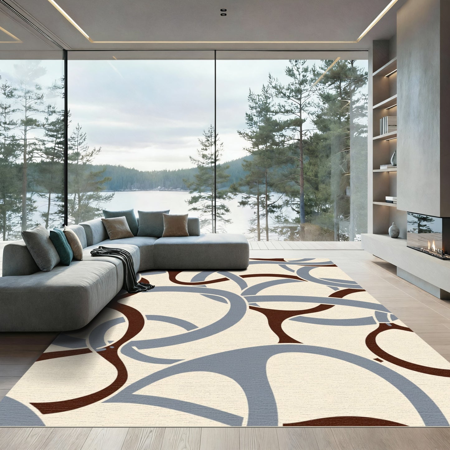 Cream Ground Interlocking Swirl Ribbons Rug