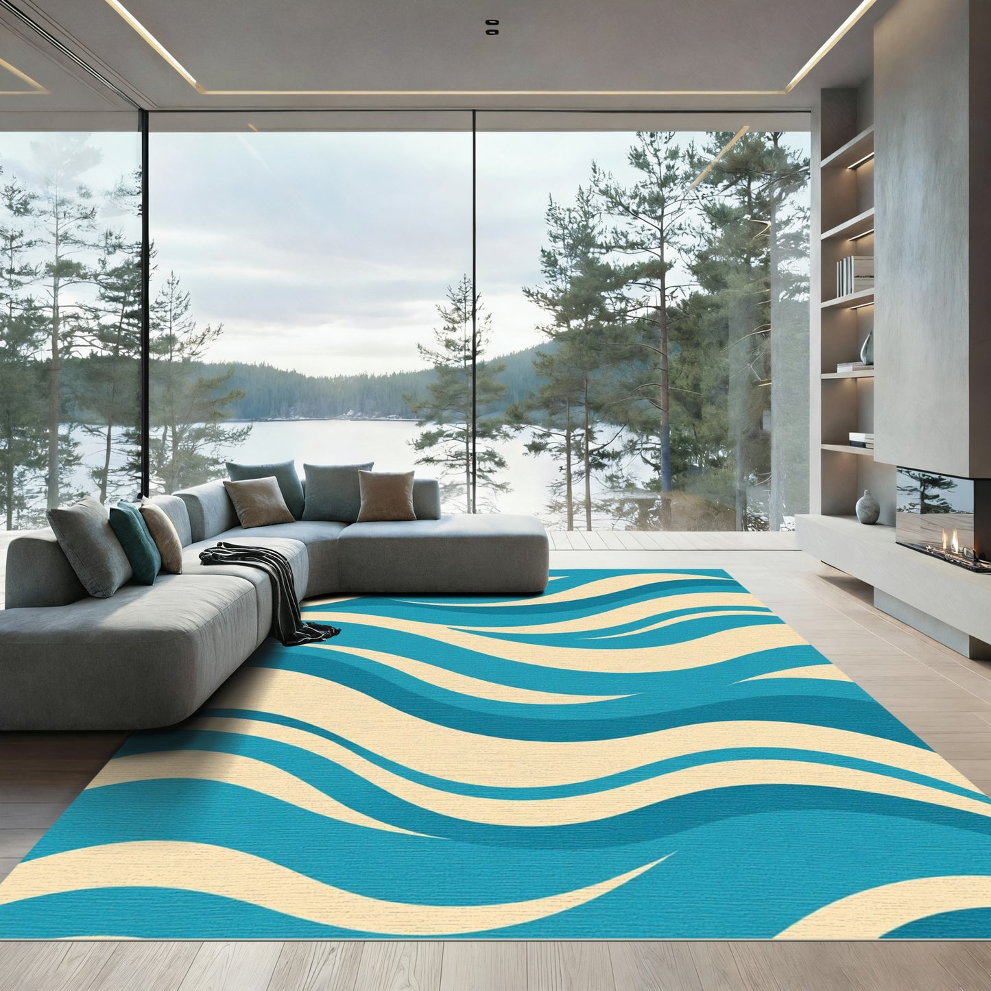 Aqua Cream Abstract Wave Rug