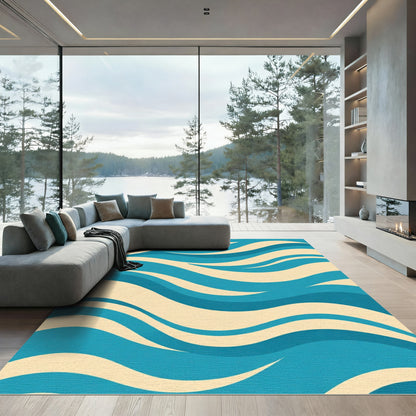Aqua Cream Abstract Wave Rug