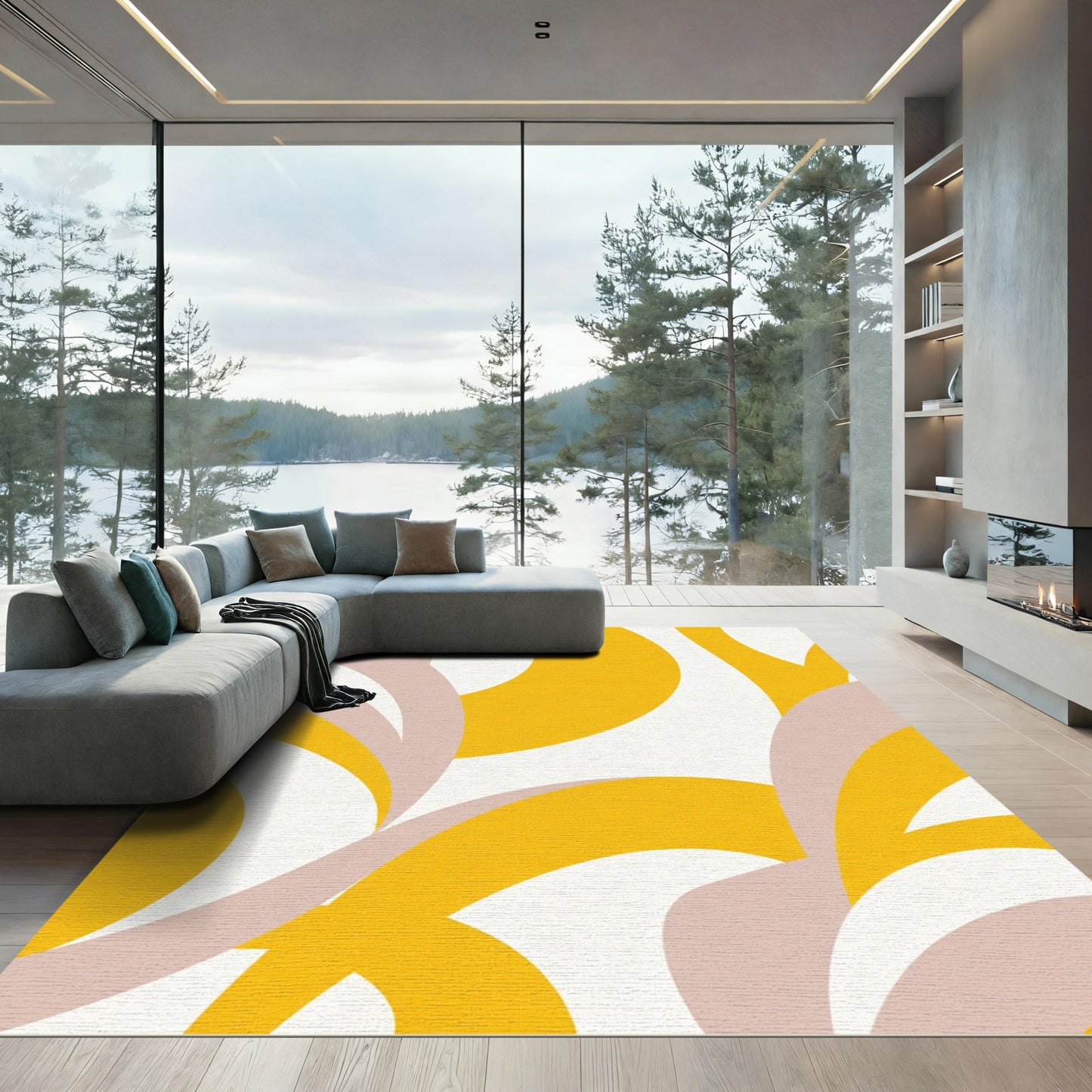 Golden Yellow Abstract Swirl Rug