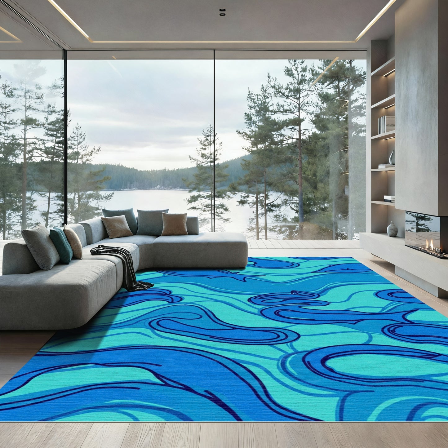 Deep Blue Ocean Fish Graphic Rug
