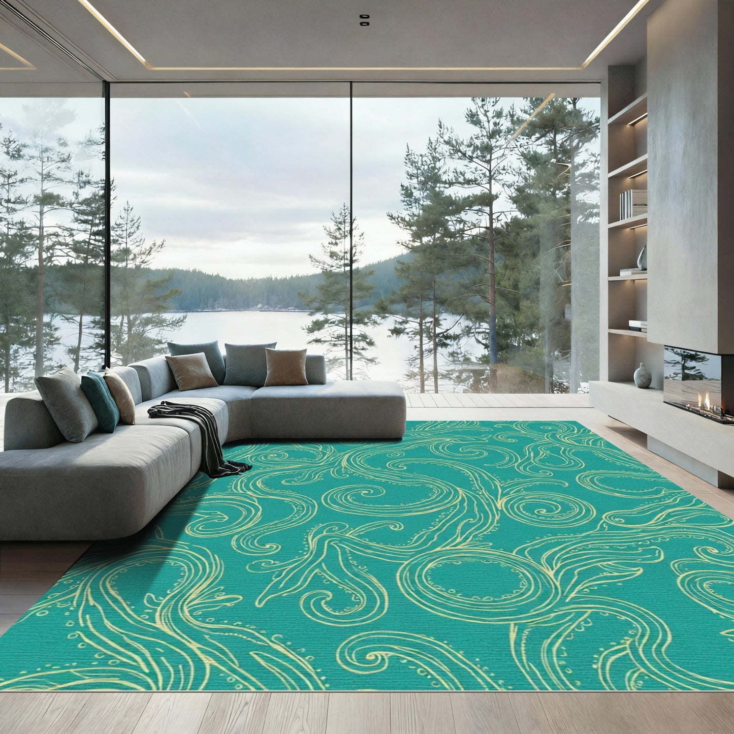 Teal Golden Swirling Organic Lines Rug