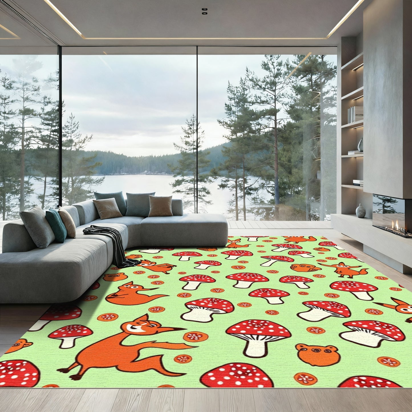 Whimsical Orange Fox Mushroom Meadow Rug