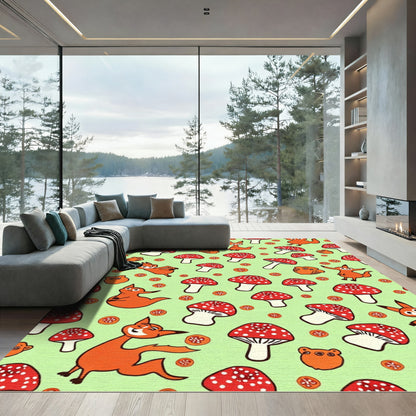 Whimsical Orange Fox Mushroom Meadow Rug