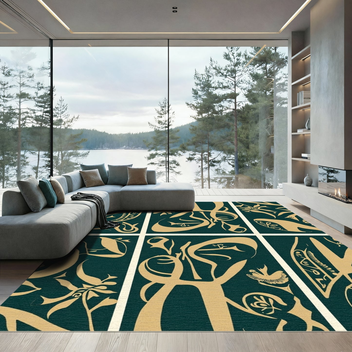 Deep Teal Elegant Calligraphy Swirls Rug