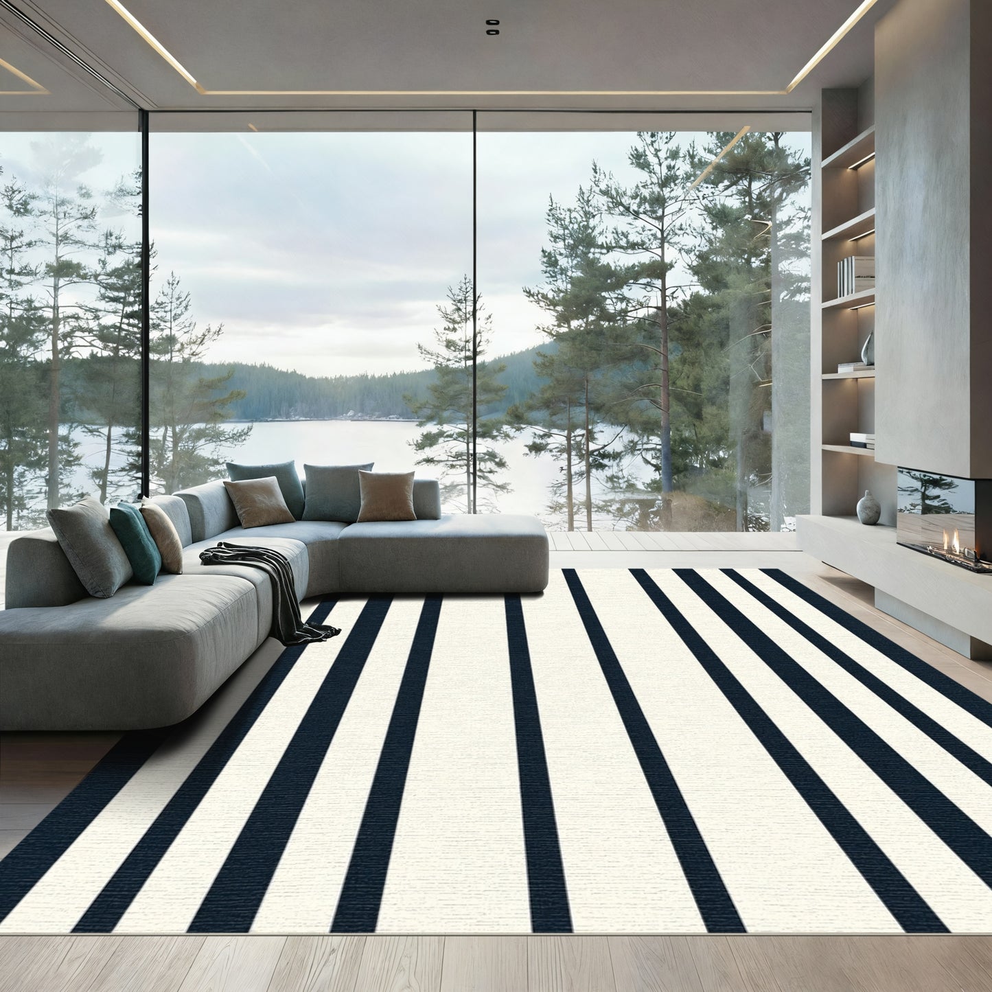 Classic Navy White Stripe Contemporary Rug
