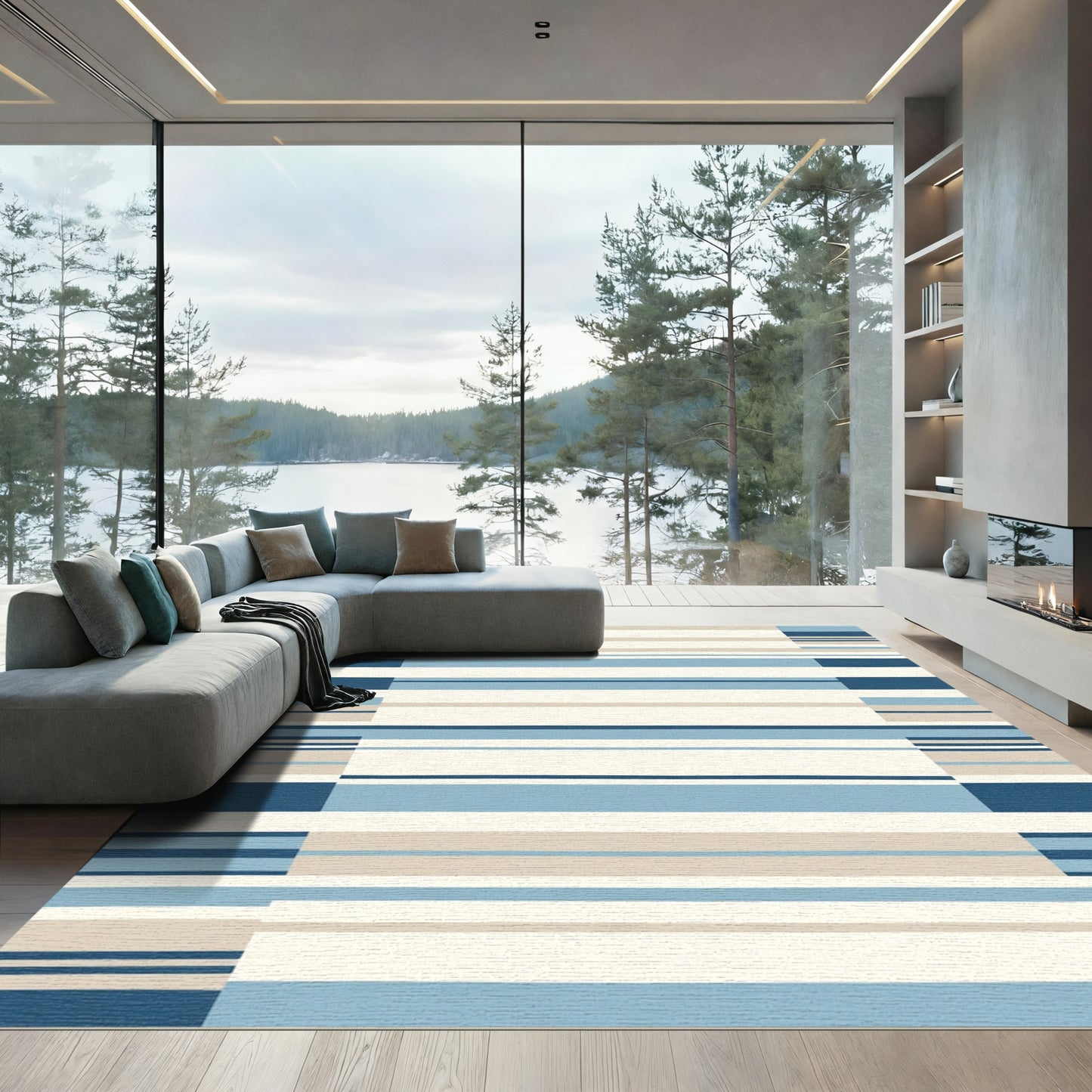 Coastal Blue Striped Rectangular Rug