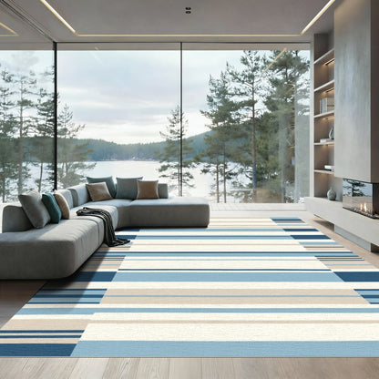 Coastal Blue Striped Rectangular Rug