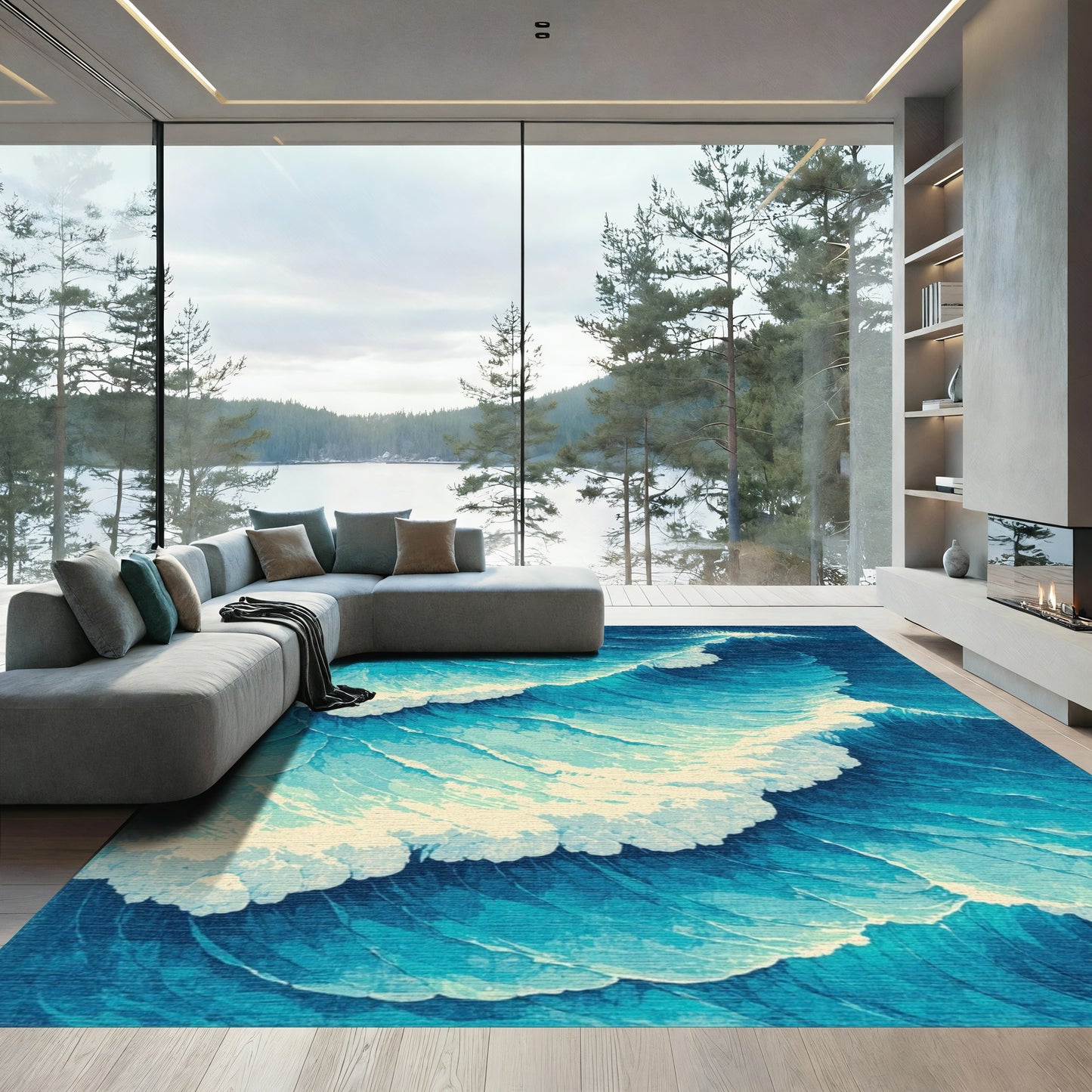 Navy Foamy Waves Sailboats Rug