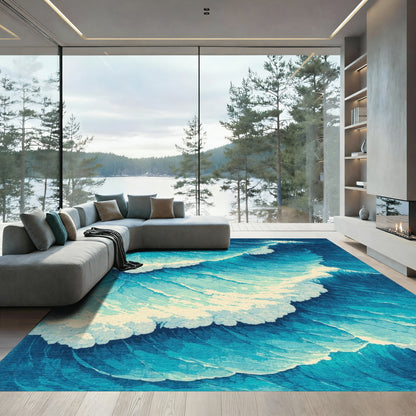 Navy Foamy Waves Sailboats Rug