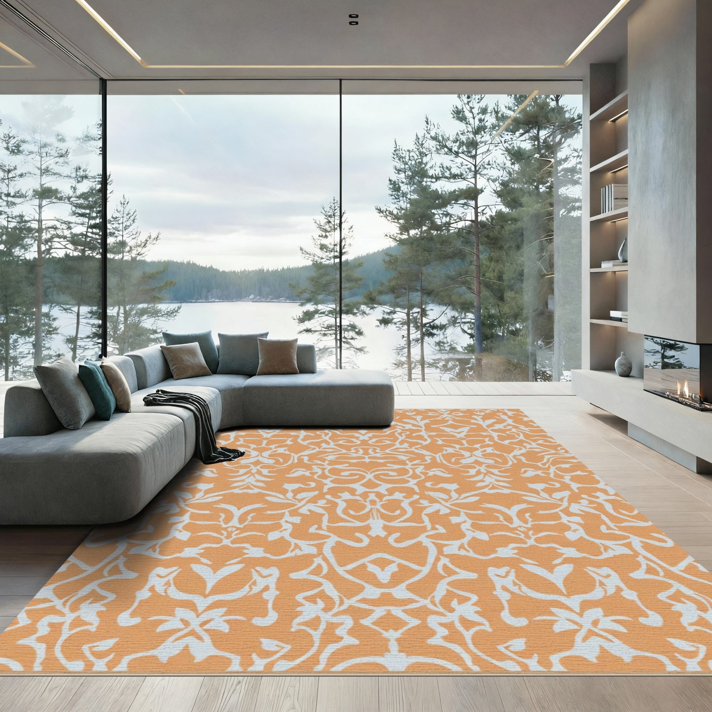 Orange and Blue Damask Scroll Rug