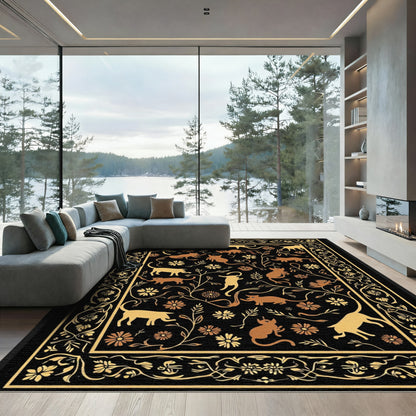 Golden Cats and Floral Vine Border Rug
