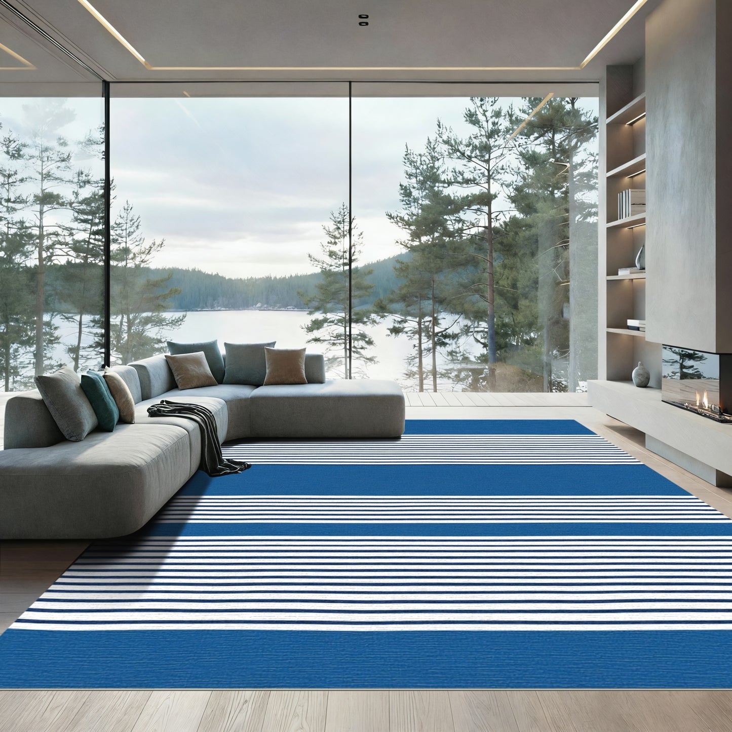 Blue White Thin Stripe Rug