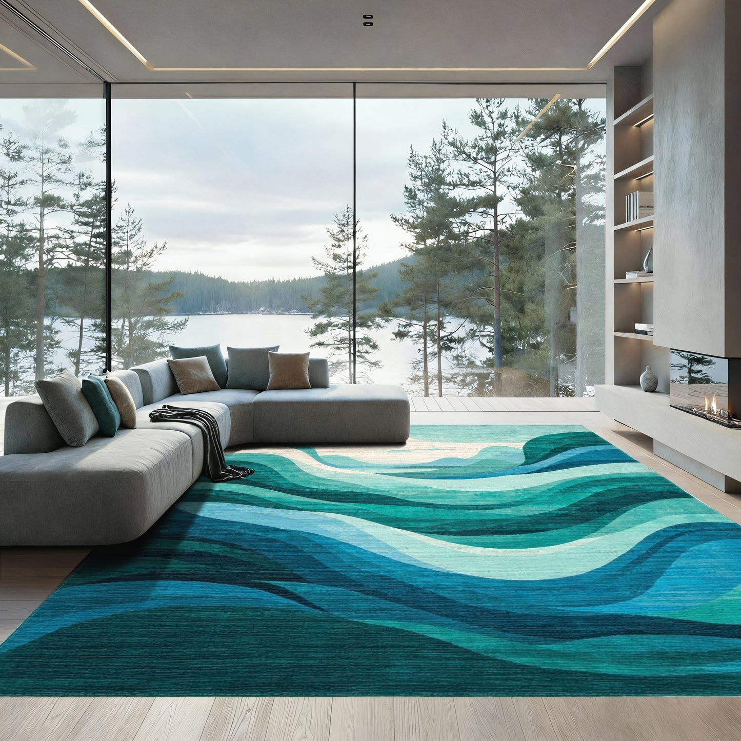 Teal Layered Abstract Waves Rug