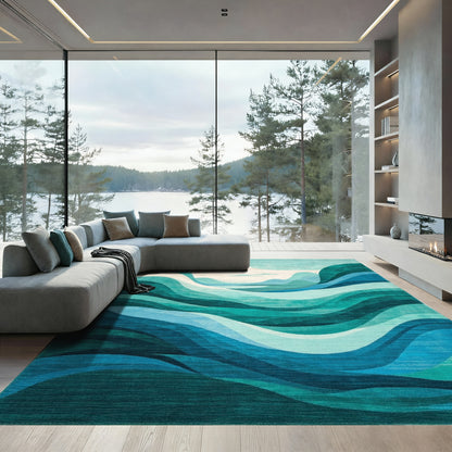 Teal Layered Abstract Waves Rug