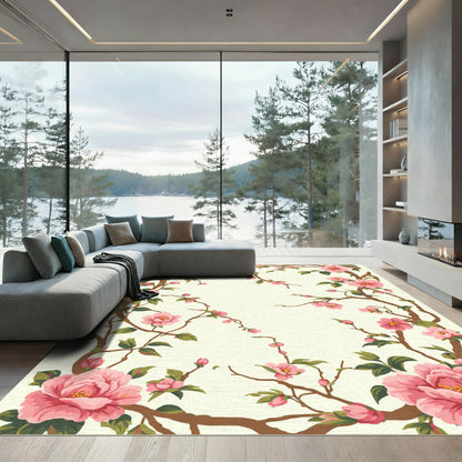 Pink Blossom Branches Cream Background Rug