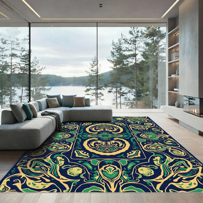 Deep Blue Emerald Floral Art Nouveau Rug