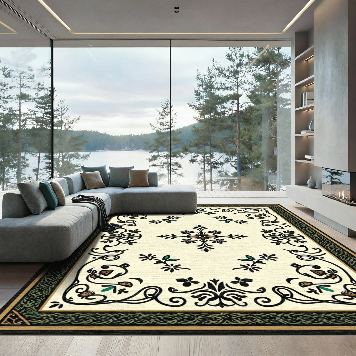 Ornate Black and Gold Floral Medallion Rug