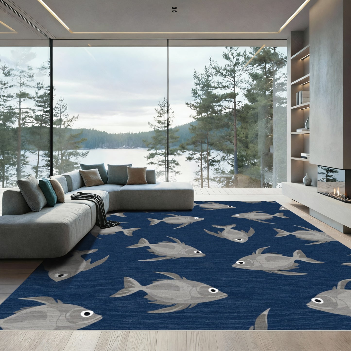 School of Gray Fish Blue Background Rug