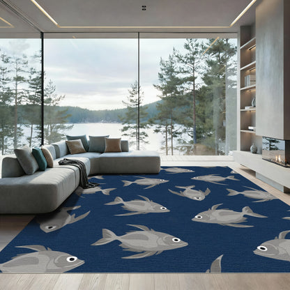 School of Gray Fish Blue Background Rug