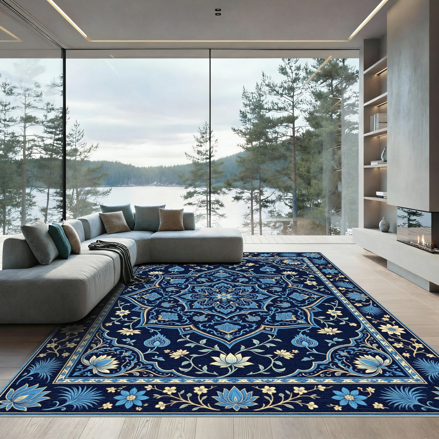 Navy Blue Floral Medallion Rug