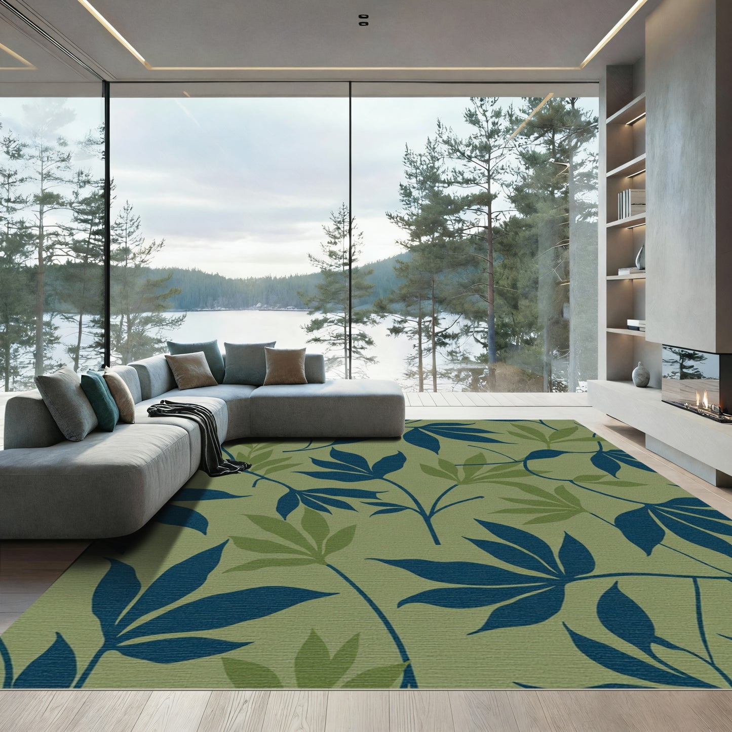 Navy Blue Green Leaf Vine Art Rug