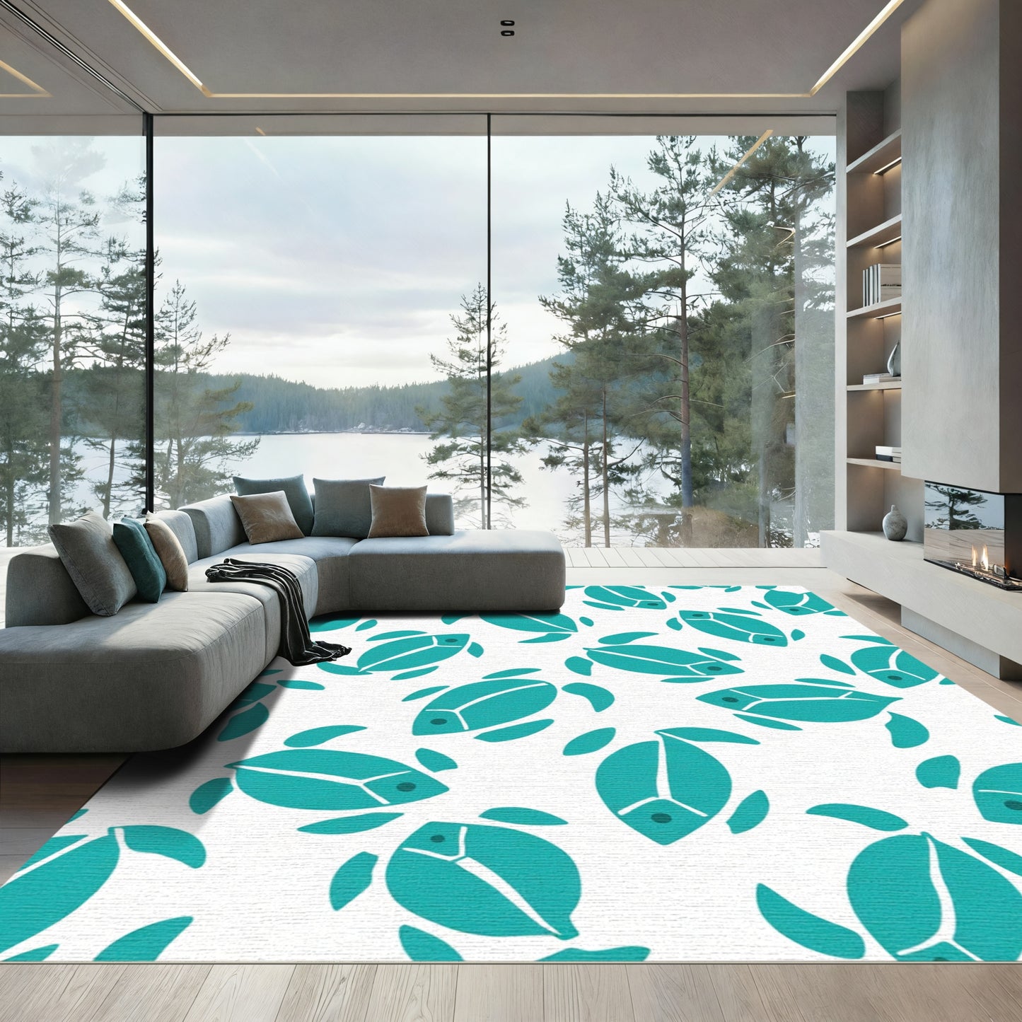 Teal Turtle Pattern Scattered Whimsical Design Rug
