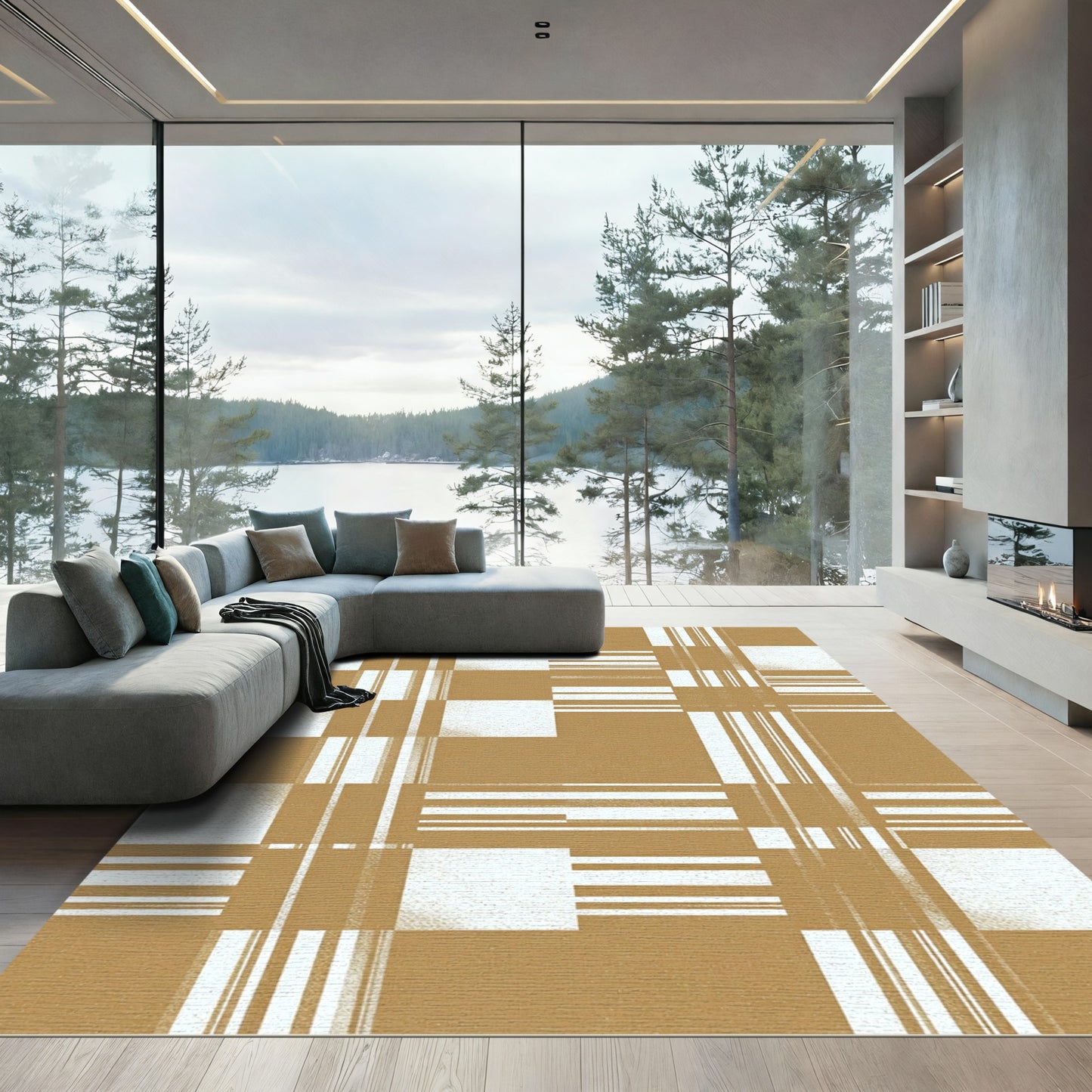 Golden White Geometric Block Plaid Rug