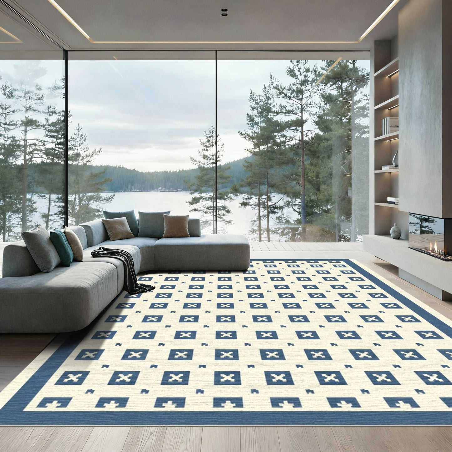 Navy Blue Pixelated Square Lattice Rug